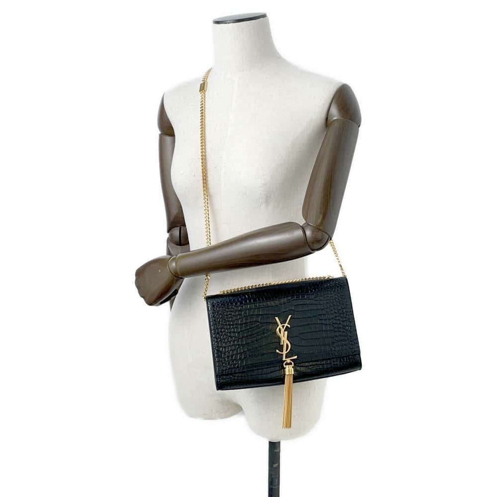 Saint Laurent Paris Chain Shoulder Bag Embossed Leather Tassel Black - Picture 5 of 11